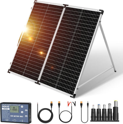 DOKIO 150W Foldable Solar Panel Suitcase with Charge Controller, Gray Folds to 17.7 x 35.8 in and weighs 22.4 lb; for 12V batteries, power stations, RVs, boats, camping, and emergencies