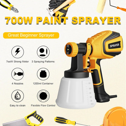 VONFORN Paint Sprayer, 700W Spray Paint Gun with 4 Nozzles & 3 Patterns with Cleaning & Blowing Joints, Easy to Clean, for Furniture, Cabinets, Fence, Walls, Door, Garden Chairs etc. Yellow