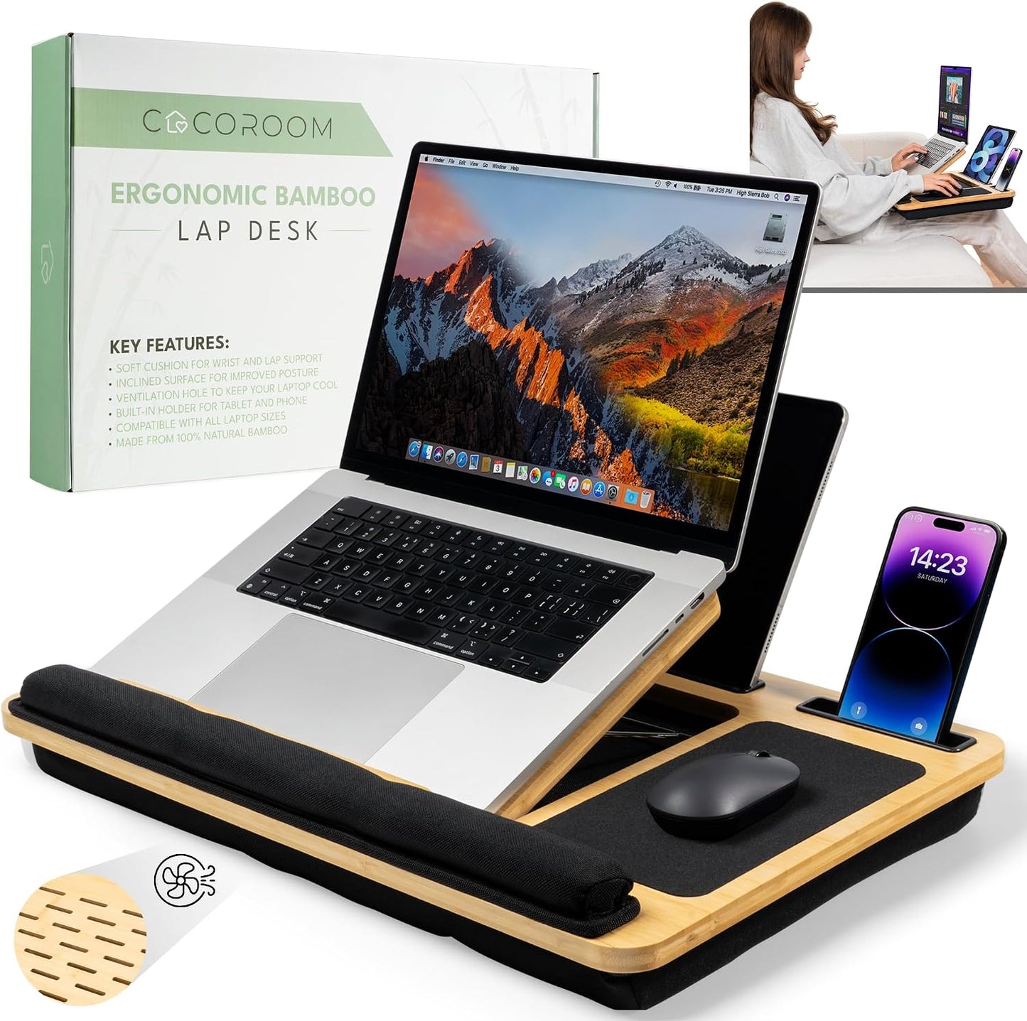 Lap Desk for Adults, Vented 6-Angle Laptop Bed Tray Table, Black Cushion pillow base | Phone & tablet holder | Foldable portable couch & sofa stand | Writing, reading, study, drawing, 17in