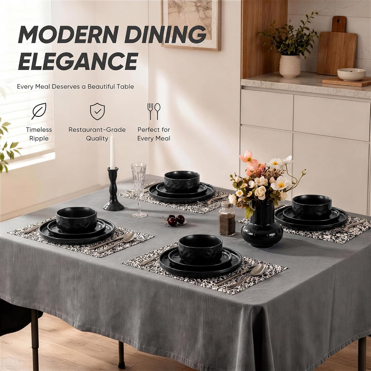 E-far Black Plates and Bowls Sets, 12-Piece Stoneware Dinnerware Set for 4 Modern Ripple Design Dishes Set for Kitchen Dining, Chip & Scratch Resistant, Microwave & Dishwasher Safe, Matte Black