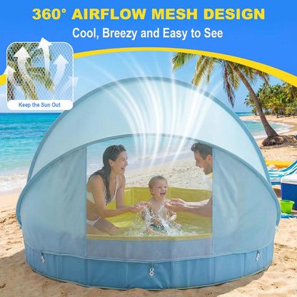 Kiddie Pool with Canopy, 63" Foldable Round Pool with Detachable UPF 50+ Sunshade, Non-Inflatable Swimming Pool with Anti-Slip Bottom for Kids, Pets & Outdoor Backyard, Blue