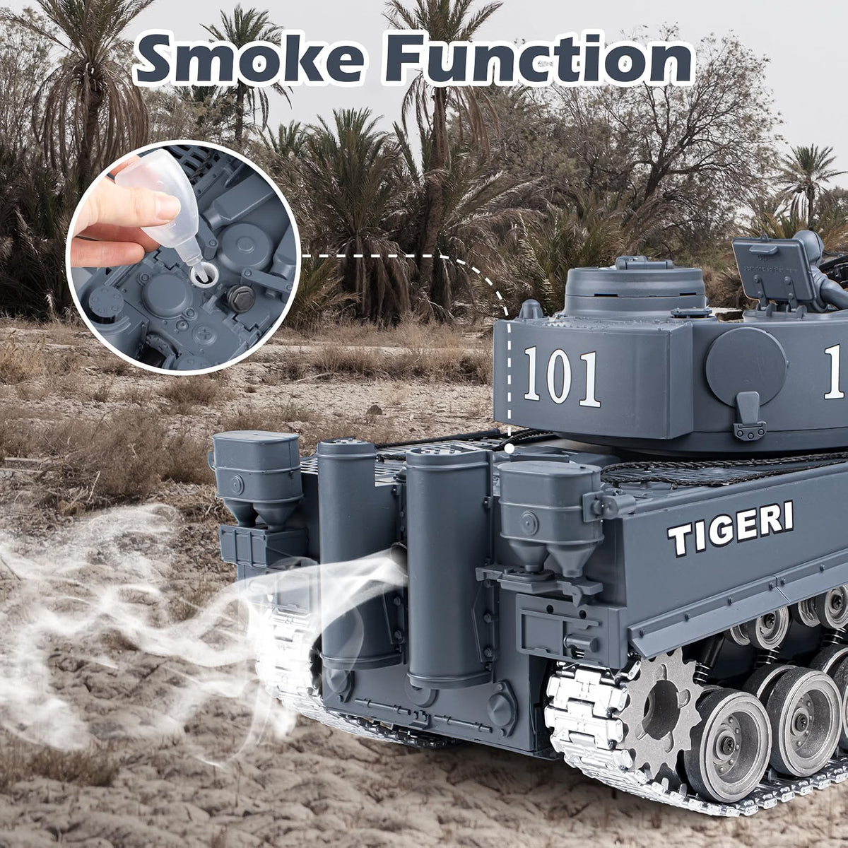 Supdex 1:18 RC Tiger I Military Tank, Alloy Metal Tracks & Wheels, 2.4GHz Remote Control Tank with Smoke, Sound & Lights, Rechargeable Toy Vehicle for Ages 8+, Grey