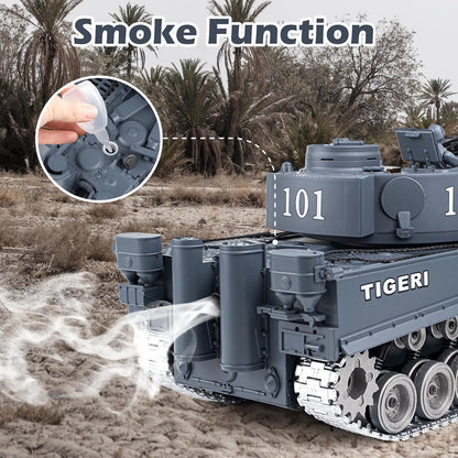 Supdex 1:18 RC Tiger I Military Tank, Alloy Metal Tracks & Wheels, 2.4GHz Remote Control Tank with Smoke, Sound & Lights, Rechargeable Toy Vehicle for Ages 8+, Grey