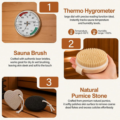 11 Pcs Sauna Accessories Set, Canadian Red Cedar 4L Wooden Sauna Bucket Kit Includes Scoop, Granite Aroma Cup, Thermo‑Hygrometer, Wall Timer, Brush, Cap, Mat, Gloves, Dual Pumice Stones for Home Sauna