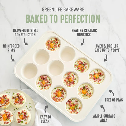 GreenLife 6 Piece Ceramic Nonstick Oven Bakeware Set, Sage PFAS-Free Ceramic Nonstick, Baking Set, Cookie Sheet, Loaf, Cake & Muffin Pans, Easy Release, Dishwasher & Oven Safe to 450F