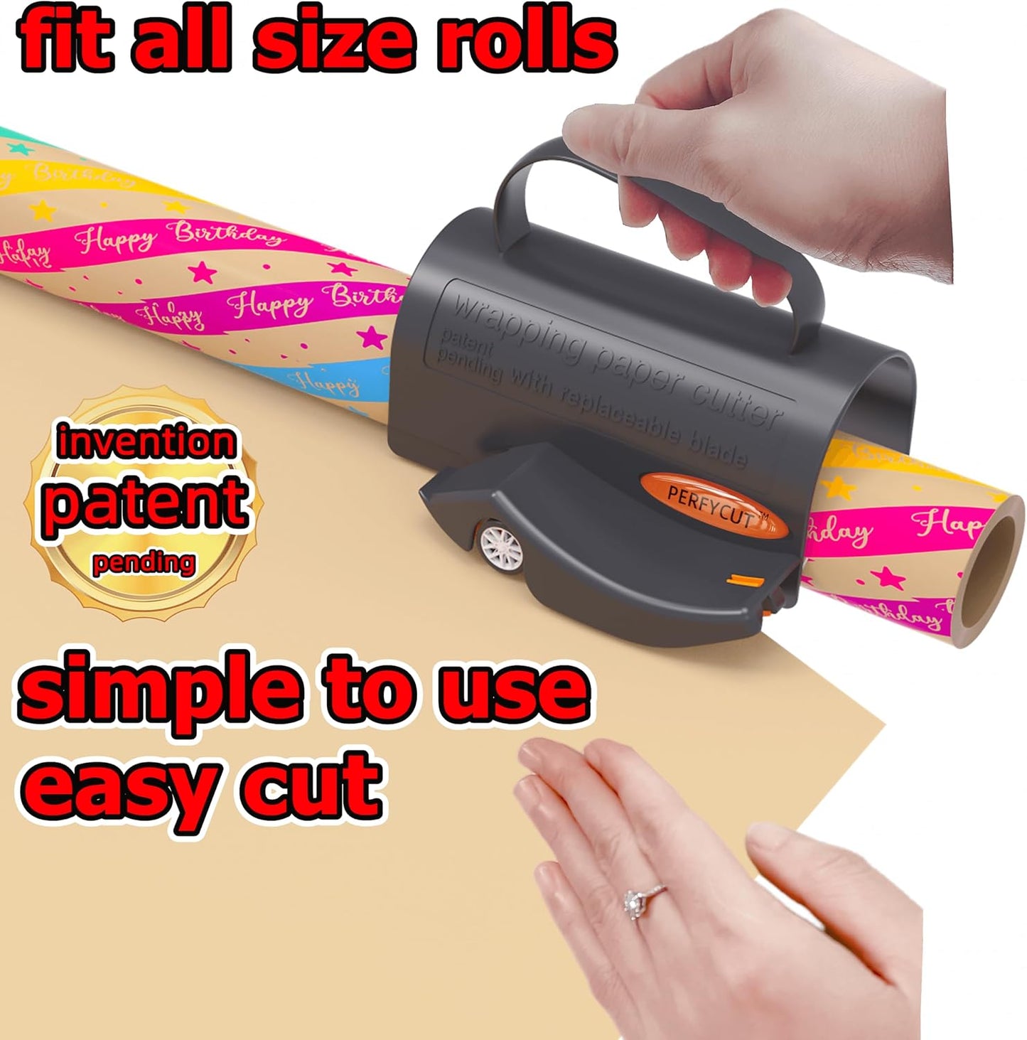 PERFYCUT Wrapping Paper Cutter with 3 Replaceable Blade Sets, Gift Wrapping Paper Roll Cutter with Hidden Stainless Steel Blade, Black
