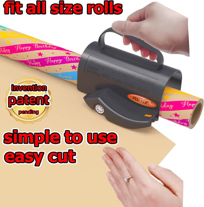 PERFYCUT Wrapping Paper Cutter with 3 Replaceable Blade Sets, Gift Wrapping Paper Roll Cutter with Hidden Stainless Steel Blade, Black