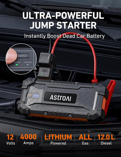 AstroAI S8 Ultra 12V 4000A Lithium Jump Starter Up to All Gas/12L Diesel Heavy-duty Battery Booster with Smart Jumper Cables, Type-C Power Bank, 3-Mode LED Flashlight, Rugged Protection, Orange