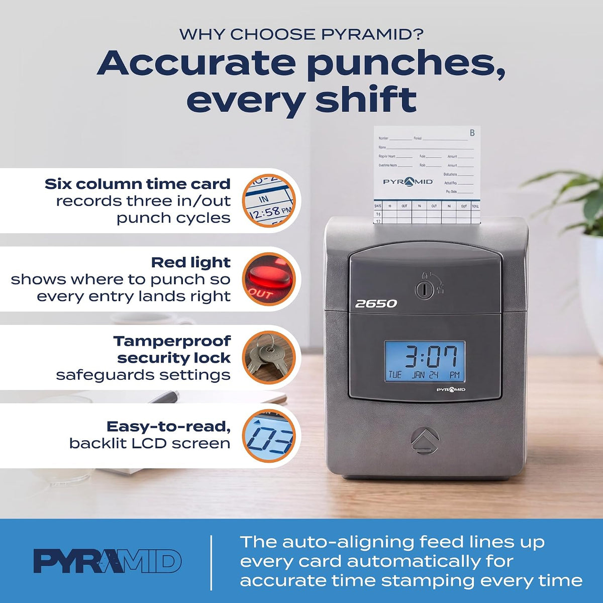 Pyramid Time Systems 2650 Auto-Aligning Punch Clock | Employee Time Clock with 25 Time Cards & Security Lock