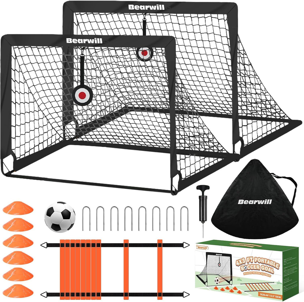 Bearwill Kids Soccer Goal Set of 2, 4 x 3 FT Portable Pop-Up Soccer Goals with Ball, Pump, Agility Ladder, Cones, Targets & Carry Bag