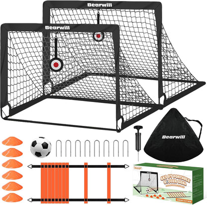 Bearwill Kids Soccer Goal Set of 2, 4 x 3 FT Portable Pop-Up Soccer Goals with Ball, Pump, Agility Ladder, Cones, Targets & Carry Bag