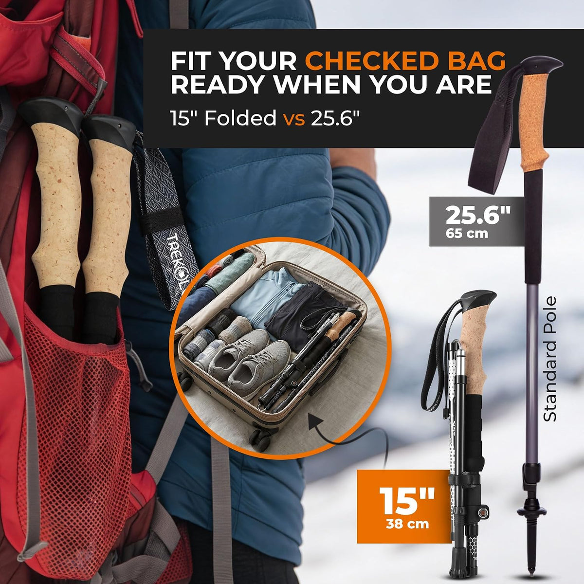 TREKOLOGY Trek-Z Hiking Trekking Poles, 2-Pack Foldable Aluminum Walking Sticks with EVA Foam Grip, Adjustable 100–120 cm, Lightweight Collapsible Hiking Poles for Men & Women, Black