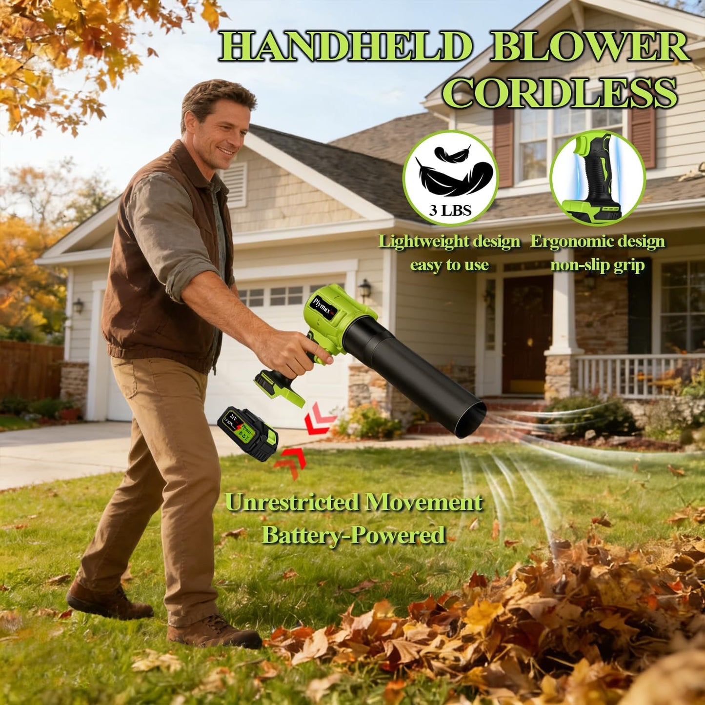 Cordless Leaf Blower, 800,000 RPM Electric Handheld Blower, Leaf Blower Cordless with 2×4.0Ah Batteries & Charger,Snow Blowers with 2-Nozzles for Patio,Lawn Care,Dust,Snow & Car Drying