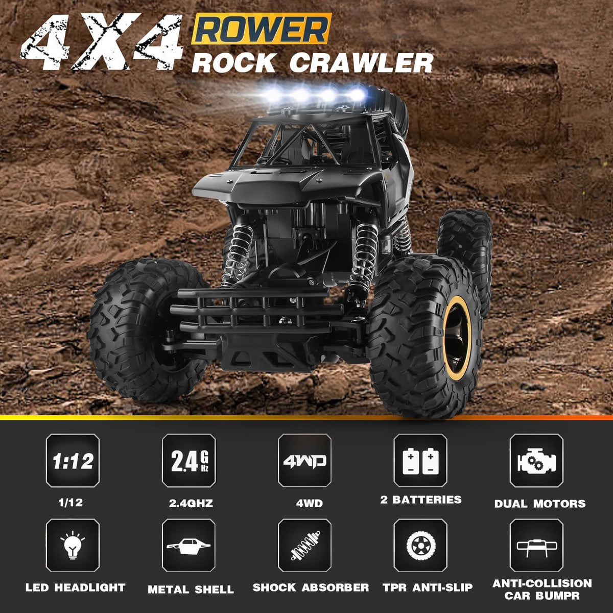 Jiakora RC Car 1:12 Off-Road Monster Truck, 4WD Remote Control Truck with Metal Body, LED Headlights, 20 km/h Speed, Rechargeable Batteries, All-Terrain Toy for Kids & Adults