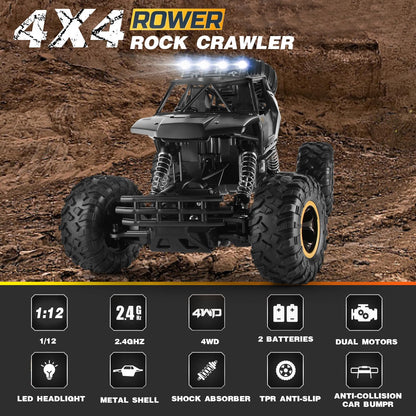 Jiakora RC Car 1:12 Off-Road Monster Truck, 4WD Remote Control Truck with Metal Body, LED Headlights, 20 km/h Speed, Rechargeable Batteries, All-Terrain Toy for Kids & Adults