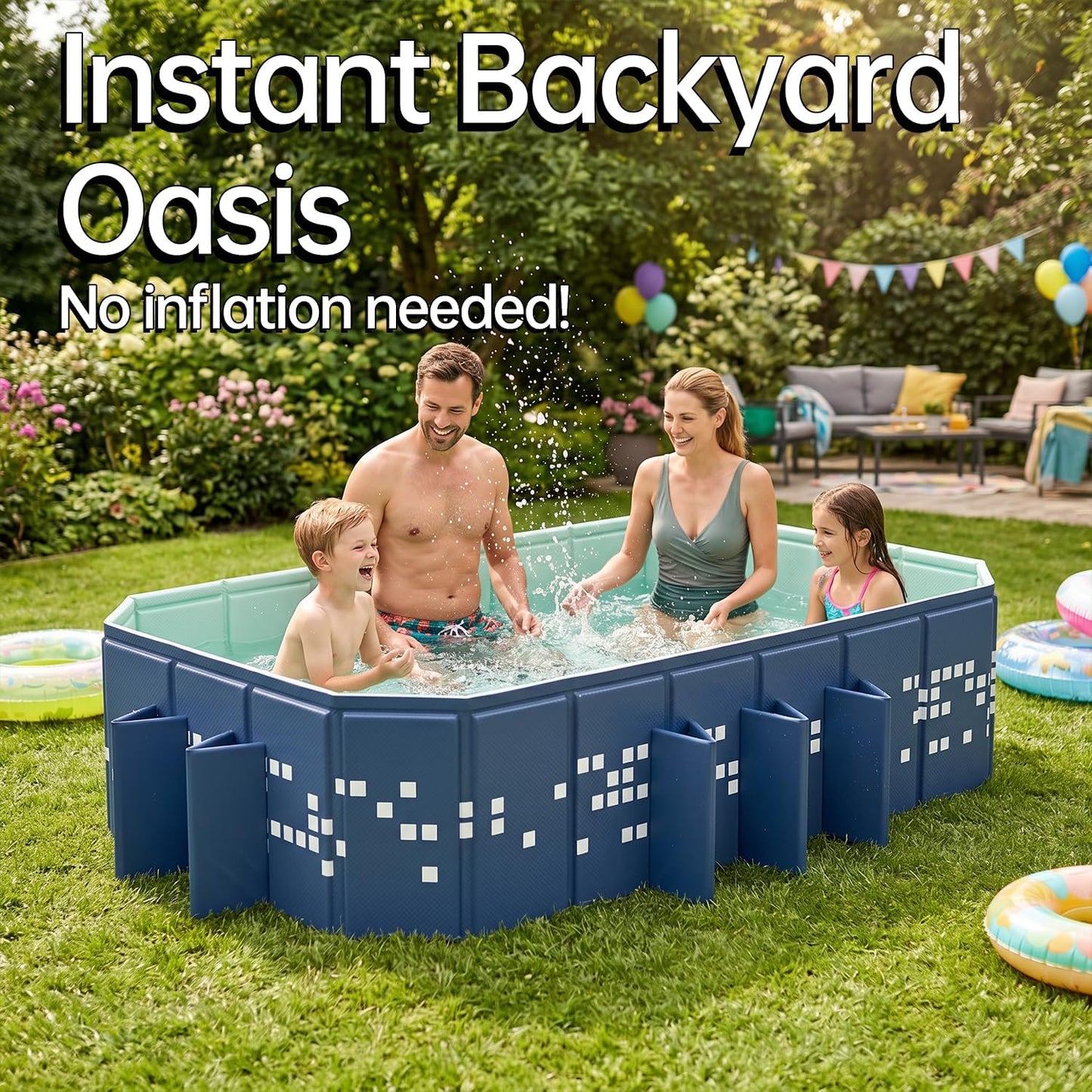 Large Foldable Swimming Pool 87 x 53 x 20 Inch, Non-Inflatable Rectangular Pool with Mosaic Design, Anti-Slip Portable Pool for Kids and Adults, Backyard Outdoor Pool