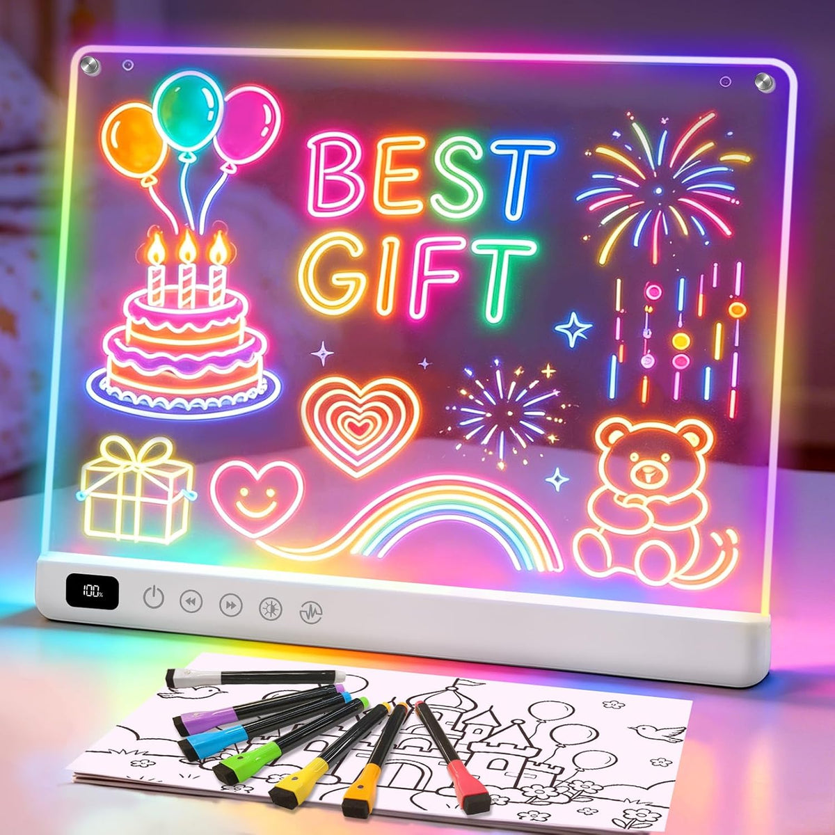 Cosmody Rechargeable LED Drawing Board for Kids Ages 3+, 16-Inch Light Up Neon Drawing Pad with 8 RGB Colors & 6 Modes, Tracing Book, Markers & Stand, White