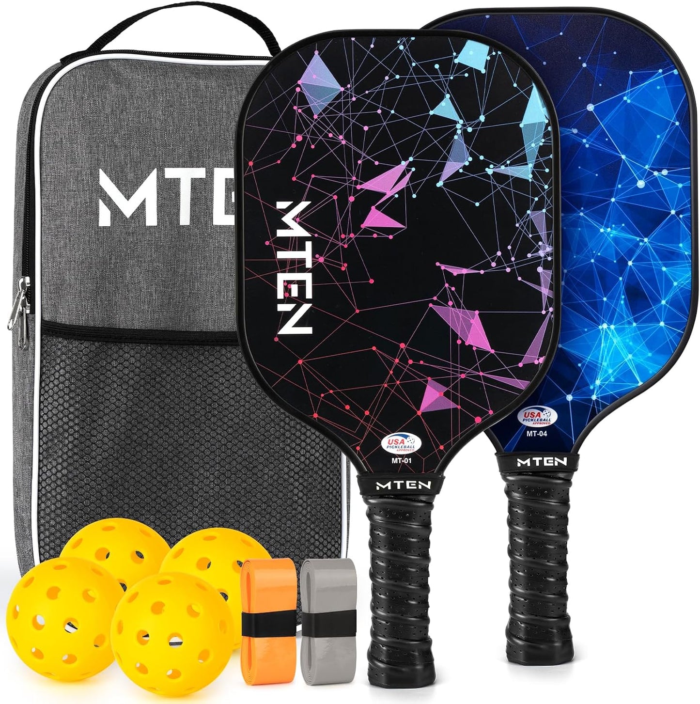 MTEN Pickleball Paddles Set of 2/4/1, USAPA Approved Fiberglass Rackets Lightweight Set for Men, Women, Beginners & Intermediate