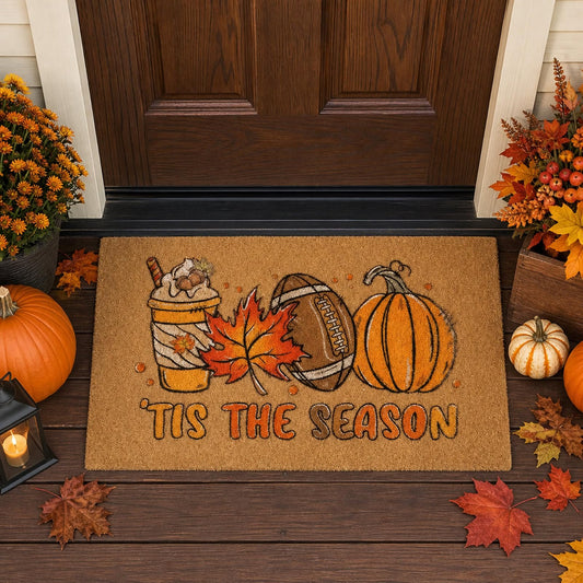 Tinideya Fall Football Door Mat, 29 x 17 Inch Outdoor Welcome Mat with Fall Leaves, Pumpkin & Football Design, Non-Slip PVC Backing, Brown