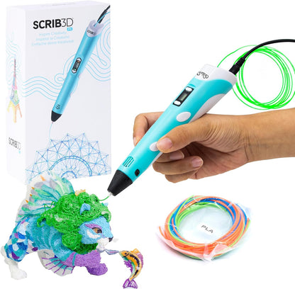 SCRIB3D P1 3D Printing Pen with Display, 3 Starter PLA Colors, Stencil Book & Project Guide, Adjustable Temperature & Stepless Speed Control, Blue White Black