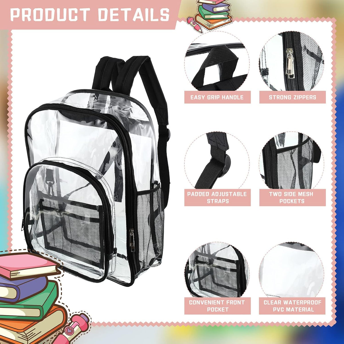 Sadnyy 12-Pack Clear Backpacks, 17-Inch Transparent PVC School Bookbags with Adjustable Shoulder Straps, Multiple Compartments & Side Mesh Pockets, Black