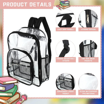 Sadnyy 12-Pack Clear Backpacks, 17-Inch Transparent PVC School Bookbags with Adjustable Shoulder Straps, Multiple Compartments & Side Mesh Pockets, Black