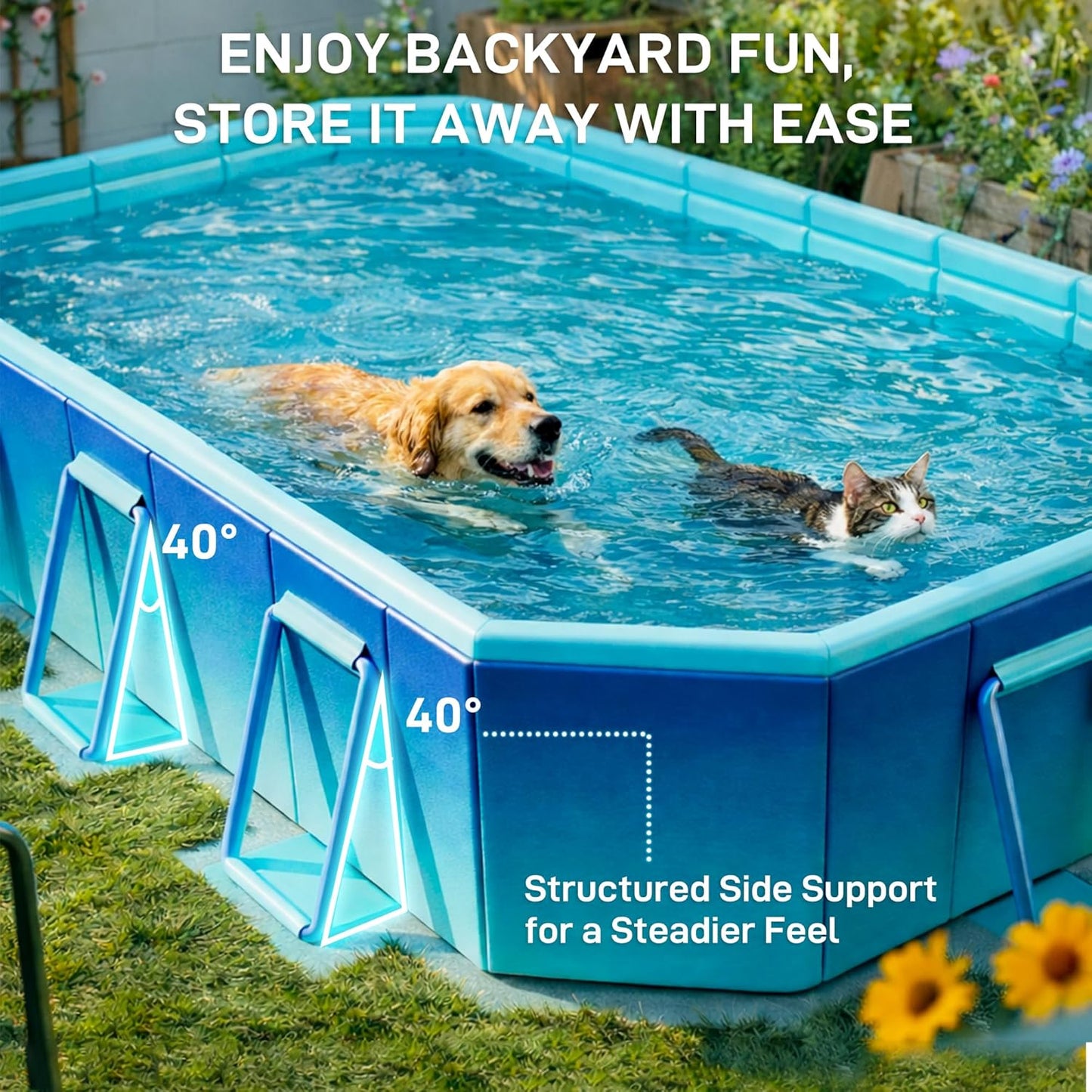 Foldable Swimming Pool, Non-Inflatable 116" x 65" x 20", Large Rectangular Above Ground Pool with 3 Drain Outlets, Portable Family Pool for Backyard & Garden, Blue