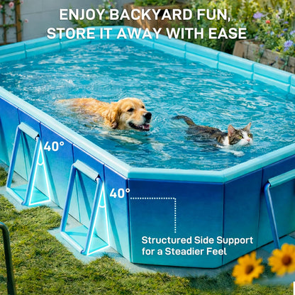 Foldable Swimming Pool, Non-Inflatable 116" x 65" x 20", Large Rectangular Above Ground Pool with 3 Drain Outlets, Portable Family Pool for Backyard & Garden, Blue