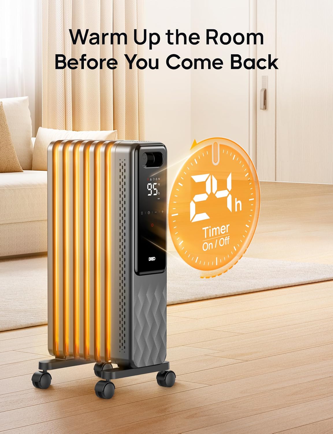 DREO Oil Filled Radiator Heater, Electric Heaters for indoor use Large Room Quiet, Digital Thermostat, ECO, Remote Control, 4 Modes, Child Lock, Overheat & Tip-Over Protection, 24h Timer, 1500W, Grey