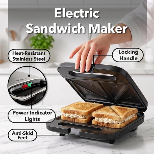 OVENTE Electric Sandwich Maker, 750W Non-Stick Plates, Black GPS401B