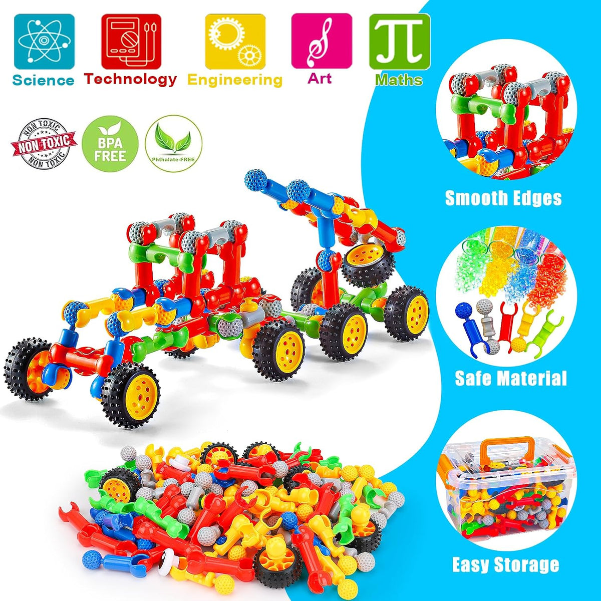 Qirptey 125-Piece STEM Building Toys for Kids Ages 3+, Educational Interlocking Building Blocks with Idea Booklet & Storage Box, Creative Engineering Construction Set