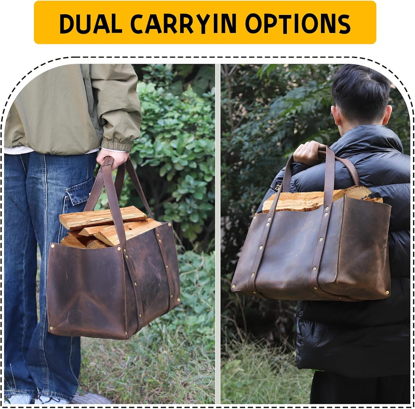 Woodman's Premium Cowhide Leather Log Carrier, Handcrafted Heavy-Duty Firewood Bag for Outdoor Camping, BBQ