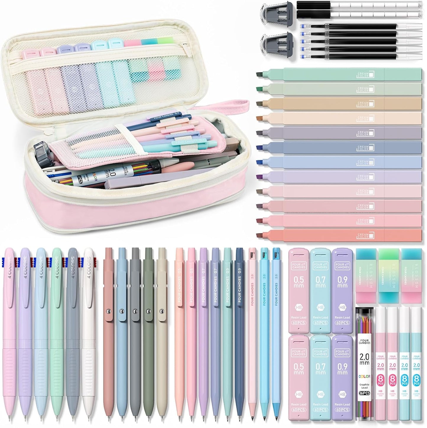 Four Candies 56-Piece School Supplies Set with Pink Pencil Case, Mechanical Pencils, Gel Pens, Ballpoint Pens, Highlighters and Refills