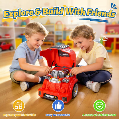 POFJOEQ Interactive Truck Engine Toy, Removable Parts Kids Mechanic Repair Set with Electric Drill, Lights & Sounds, Pretend Auto Service Station for Ages 3–5, Red