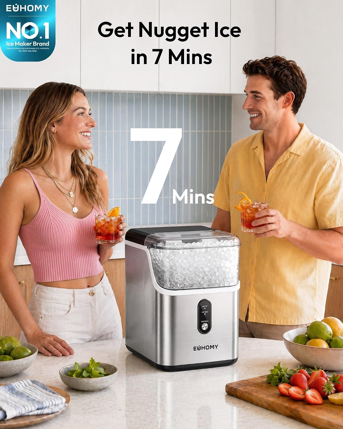 EUHOMY Nugget Ice Maker Countertop, Ready in 7 Mins, 35Lbs/24H Pebble Ice Maker Machine, Self-Cleaning Countertop Sonic Ice Makers with Ice Scoop&Basket, Pellet Ice Maker for Home, Stainless Steel