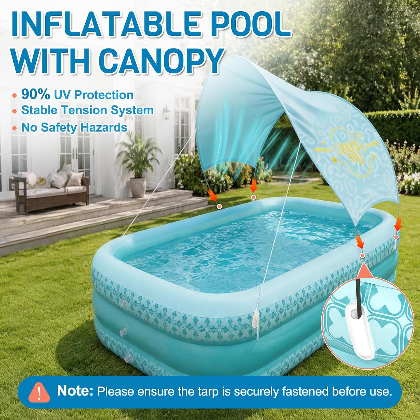 Kiddie Pool with Canopy, Extra Large Inflatable Swimming Pool with Sunshade, Reinforced PVC Family Pool with Drain Hole for Backyard, Beach and Outdoor Use