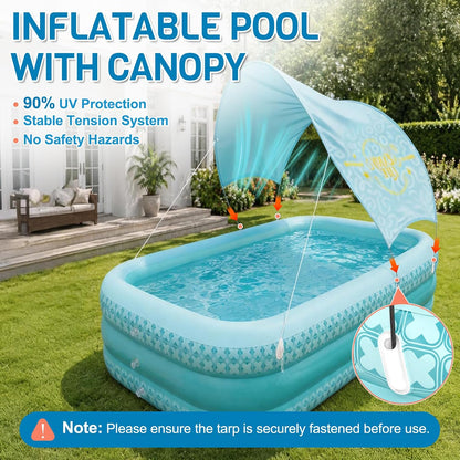 Kiddie Pool with Canopy, Extra Large Inflatable Swimming Pool with Sunshade, Reinforced PVC Family Pool with Drain Hole for Backyard, Beach and Outdoor Use