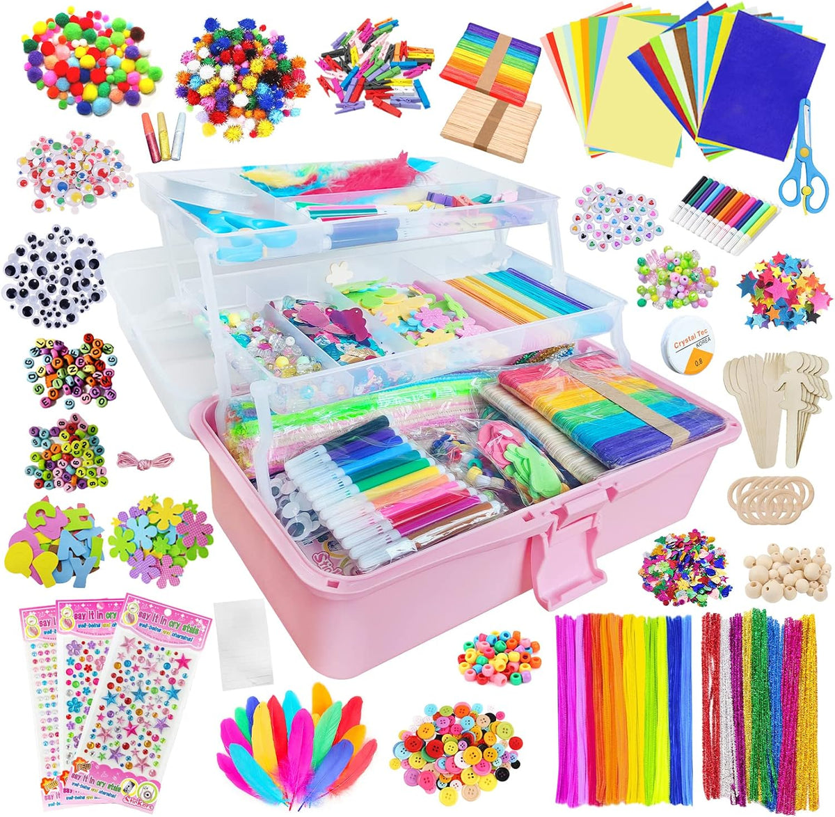 Itopstar 3000-Piece Kids Arts and Crafts Supplies, 3-Layer Portable Craft Box with Pipe Cleaners, Pom Poms, Beads, Feathers, Craft Sticks & DIY Accessories, Pink