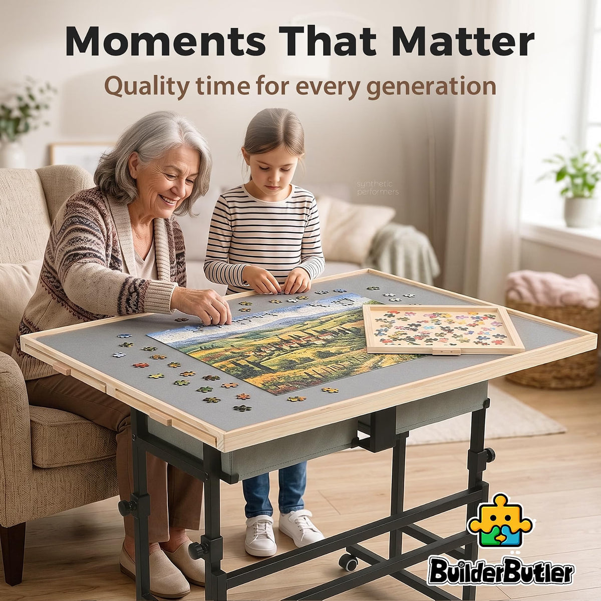 BuilderButler Puzzle Table for 2000 Pieces, 40.16" x 28.5" Adjustable Height & 45° Tilting Jigsaw Board with Wheels, 4 Wooden & 2 Fabric Drawers, Protective Cover