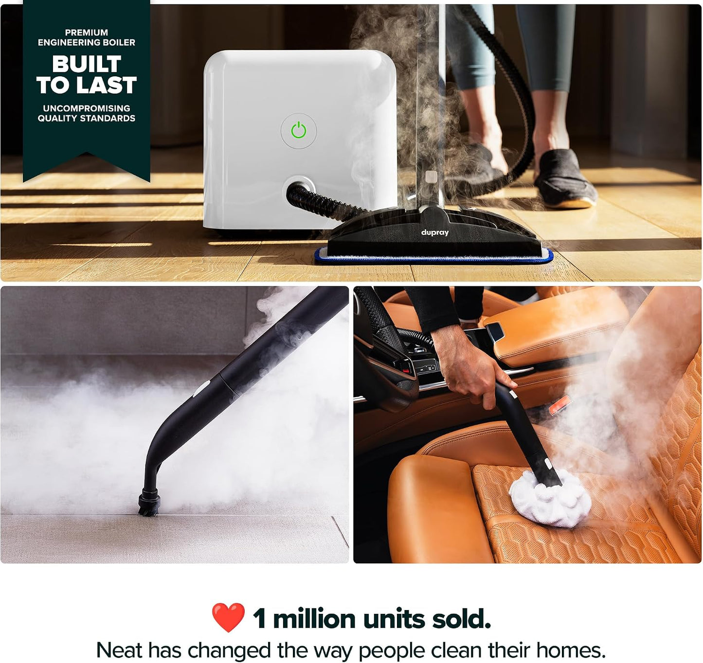 Dupray Neat Plus Steam Cleaner for Home - Essential Pack 90s Fast heat up & unlimited steam |Chemical-free cleaning for floor, car, wall, grout & kitchen |Steam mop|17 Accessories