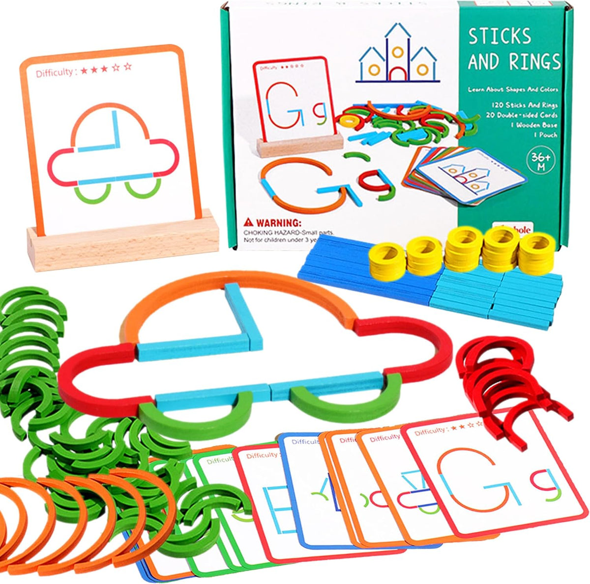puzgic STEM Stick Rings Building Toy, 142-Piece Wooden Montessori Construction Set with Pattern Cards, Creative Learning Activity for Preschool & Kindergarten Kids Ages 3–6