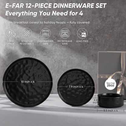 E-far Black Plates and Bowls Sets, 12-Piece Stoneware Dinnerware Set for 4 Modern Ripple Design Dishes Set for Kitchen Dining, Chip & Scratch Resistant, Microwave & Dishwasher Safe, Matte Black