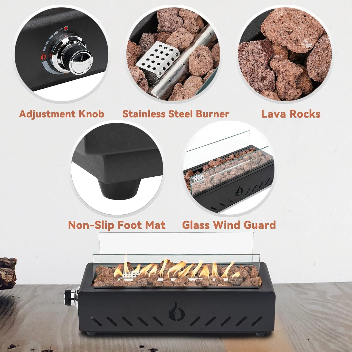 18" Propane Gas Fire Pit Side-Mounted, Portable Tabletop Fireplace, FP026 Modern Firepit with Lava Rocks, Glass Shield and 6.8FT Hose for Outdoor Patio Backyard Porch Camping RV Tailgating