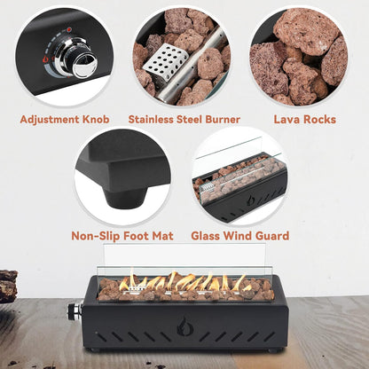 18" Propane Gas Fire Pit Side-Mounted, Portable Tabletop Fireplace, FP026 Modern Firepit with Lava Rocks, Glass Shield and 6.8FT Hose for Outdoor Patio Backyard Porch Camping RV Tailgating