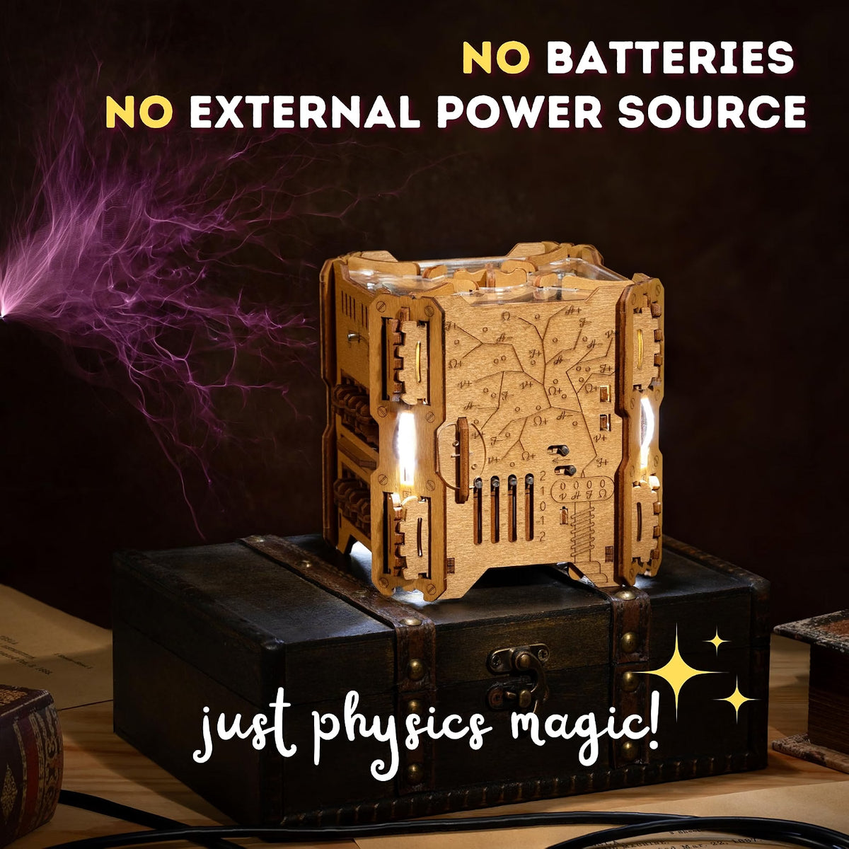 PUZZLE POTATO Tesla Box, Self-Powered Electronic Wooden Puzzle Box, 5/5 Difficulty Escape Room Brain Teaser with 256 Parts & 38 Magnets, Resettable Puzzle for Adults 14+