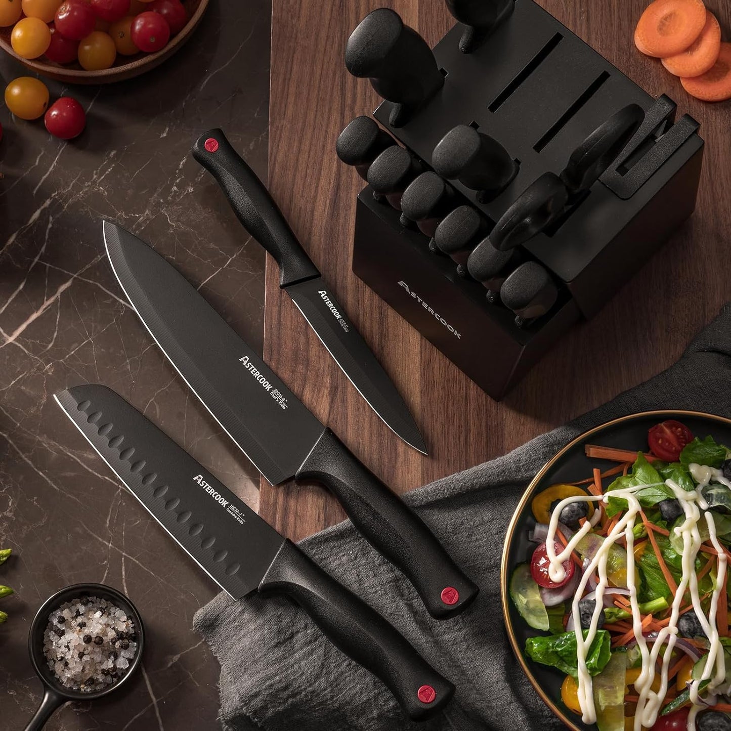 Astercook Knife Set for Kitchen with Block and Sharpener 15pcs German