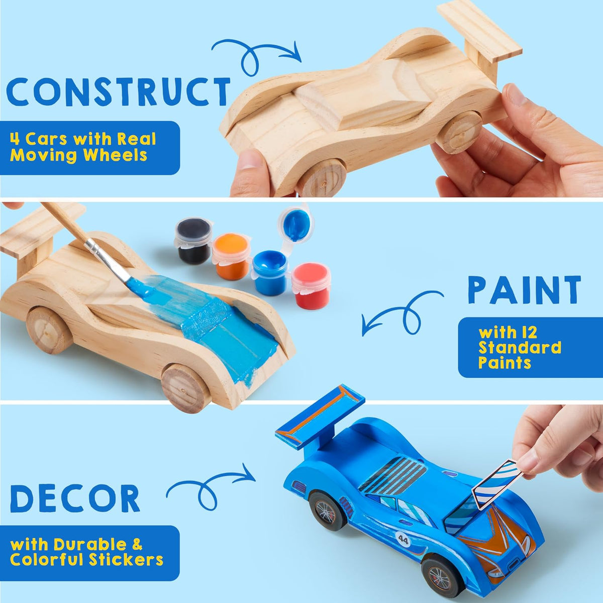 Klever Kits 4 DIY Wooden Race Cars Craft Kit, Build & Paint Your Own Wooden Race Cars, 44-Piece Arts & Crafts Set with Paints, Brushes, Stickers & Glue, Kids Ages 8+, Multicolor