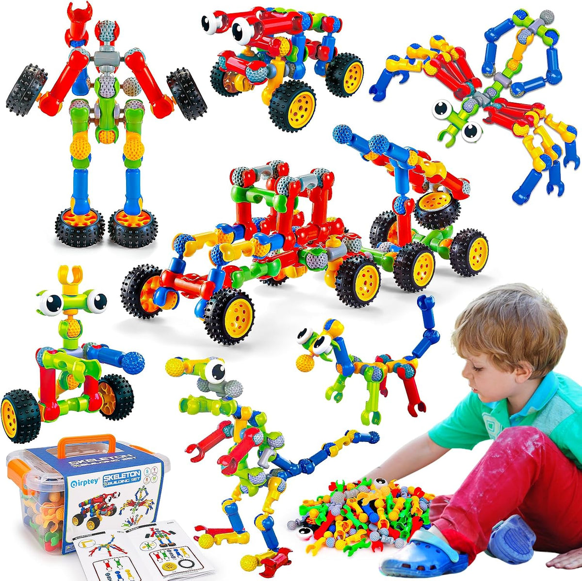 Qirptey 125-Piece STEM Building Toys for Kids Ages 3+, Educational Interlocking Building Blocks with Idea Booklet & Storage Box, Creative Engineering Construction Set
