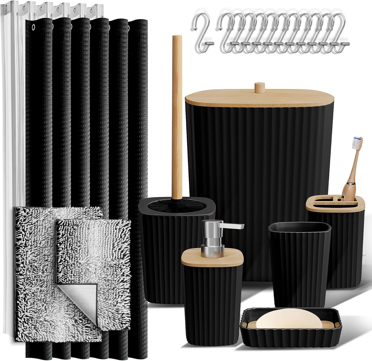 Clara Clark Black Bathroom Set, Shower Curtain Set, Bathroom Accessory Set
