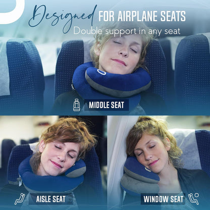 BCOZZY Travel Neck Pillow for Airplane – Patented Double Support for Head, Neck, and Chin. Best for Long Flights, Plane Sleeping, and Car Rides. Adjustable Size. Fully Washable. Carry Bag. Large, Navy